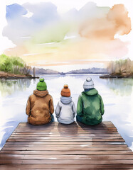 Obraz premium Three figures sit on a dock, gazing at a tranquil water scene