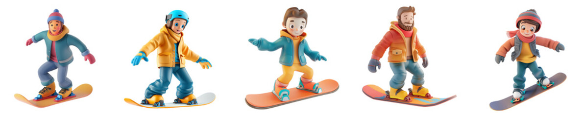 White man mascot snowboarding, 3D cartoon illustration, isolated on transparent  background, cute animated style, beautiful colors, generative ai