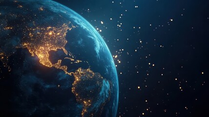 Obraz premium A stunning view of Earth with city lights glowing against a backdrop of starry space.