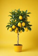 Small lemon tree in a pot on a yellow background