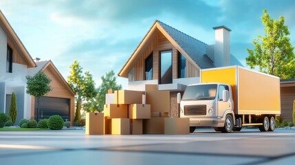 Obraz premium A moving day scene with stacks of boxes, furniture, and a large moving truck parked in the driveway of a new house.