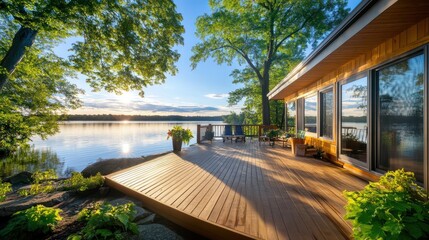 A picturesque house by the lake, with wooden decks, large windows overlooking the water, and trees surrounding the property.