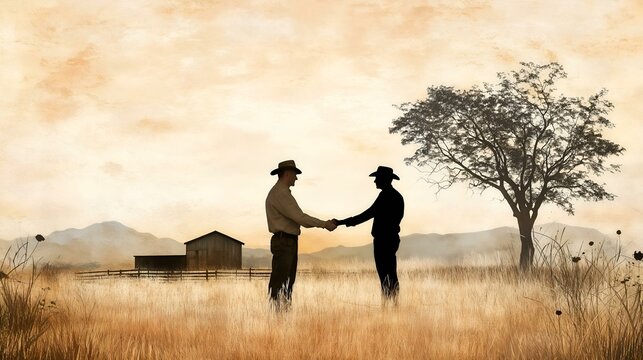 Two cowboys shaking hands in silhouette against sunset landscape, copy space