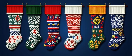A row of colorful knitted stockings with a blue background
