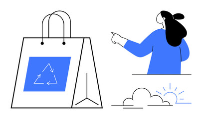 A woman points towards a bag that features the recycling symbol. The sun rises behind clouds. Ideal for environmental awareness, recycling campaigns, sustainability promotions, eco-friendly products
