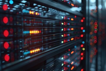 Rows of servers in a data center with racks and cables