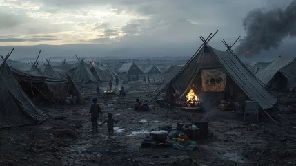 Fototapete refugee camp set up in the wilderness after a nuclear war, with makeshift tents and a chaotic scene of families trying to survive © Denis Tuev