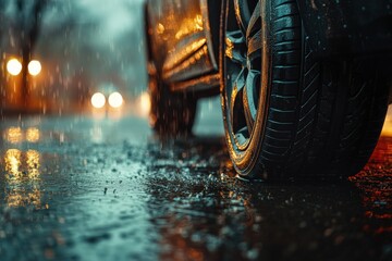 A car is parked on a wet road with rain falling on it, generative ai image