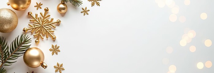 Fototapeta premium Top view white background with golden Christmas decorations and snowflakes placed in the top left corner. Soft golden bokeh light and a subtle blur effect on the right creating space for the text