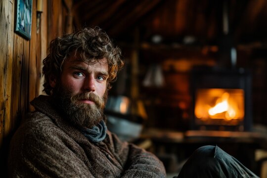man with a thick, unkempt beard sitting in a rustic wooden cabin. His beard is wild and slightly scruffy, giving him an adventurous, outdoorsy look