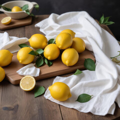 Still life with lemons on a wooden board and light tablecloth
