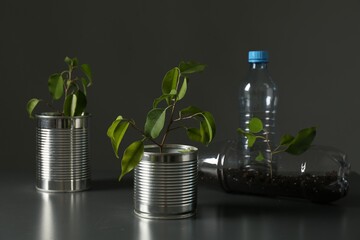 Recycling concept. Metal cans and plastic bottles with growing plants on grey table