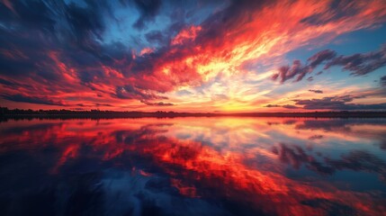 Fototapeta premium gorgeous evening sky reflecting on mirror like lake water surface , elegance skyscape background