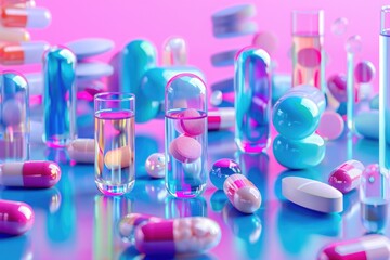 A assortment of pills and bottles on a table, various colors and shapes