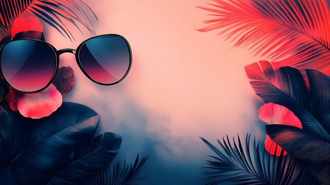 Tropical background with vibrant red and blue tones with texture and sunglasses.