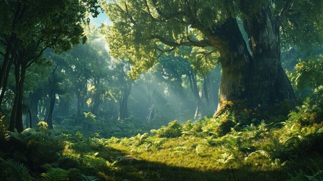 Sunlight Streaming Through Dense Forest Canopy