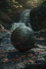 A stone ball sits atop a rock near a stunning waterfall