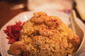 Tasty shrimp and rice on a plate