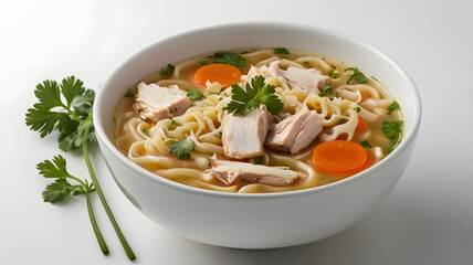 Instant chicken noodle soup in a white ceramic bowl isolated on white. Parsley garnish.