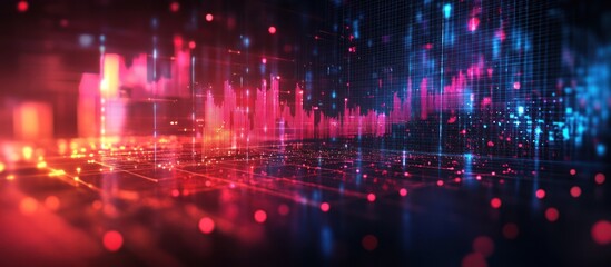 Fototapeta premium Abstract glowing background with red and blue digital lines and data streams.