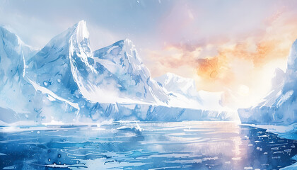 Stunning Watercolor Painting of a Majestic Antarctic Glacier and Pristine Ice Landscape. Concept of Climate Change Awareness, Polar Exploration, Natural Beauty