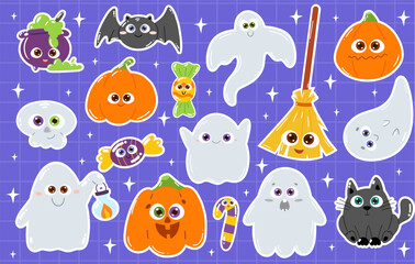 Cartoon style Halloween stickers with pumpkins, cauldrons, and playful ghosts perfect for party decor