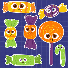 Halloween sweet treats sticker set. Candies characters with big eyes, spooky lollipops. Trick or treat sweet candy