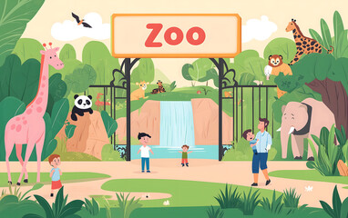 Fototapeta premium A cartoon zoo entrance with the words Zoo Animal and Adventure Concept