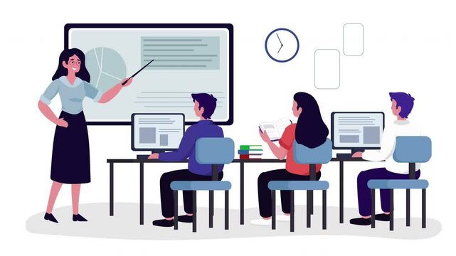 A Modern classroom scene with a teacher engaging a group of students. Students using computers and printed materials while the teacher employs a digital presentation. 2d animated illustration. 4k