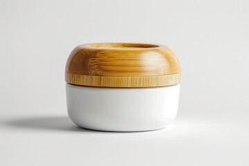 A white container with a wooden lid