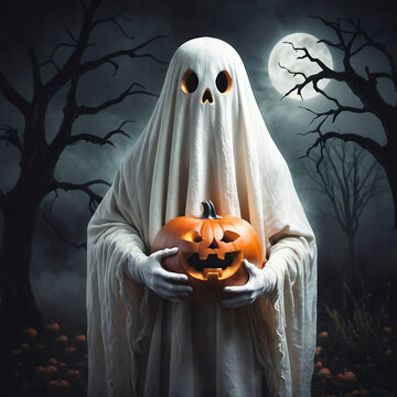 A ghost figure holding a Halloween scary face pumpkin lantern