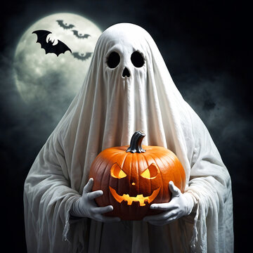 A ghost figure holding a Halloween scary face pumpkin lantern
