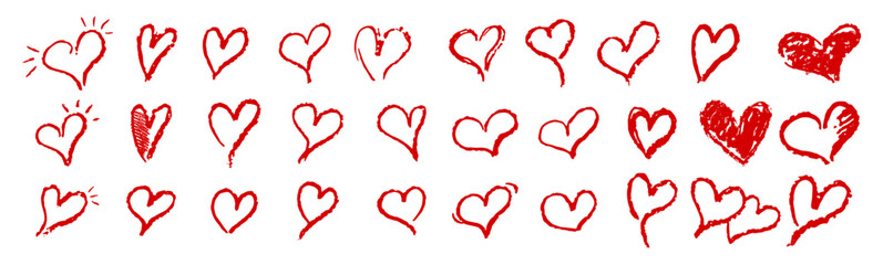 Set of red hearts signs drawn by wax pencil. Love symbols in doodle style. Collection of hand drawn kid hearts elements for valentine card or rock, hip hop music poster design. Vector illustration.