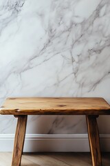 A rustic wooden bench sits in front of a marble wall. The bench is made of rough-hewn wood with a natural finish. The marble wall is white with grey veins.