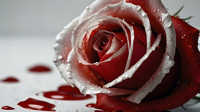 a white rose bleeding on a white table, space for copy