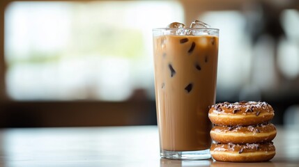 Refreshing iced coffee served with delicious chocolate donuts on a wooden table in a cozy cafe setting during the afternoon