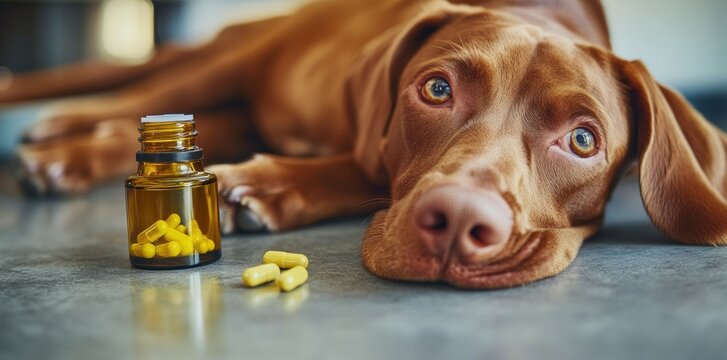 A brown dog lays next to a bottle of medicine. The Popularity of CBD Oil for Dogs as a Treatment for Various Pet Ailments. Concept CBD for Dogs, Pet Health, Natural Remedies, Organic Treatments