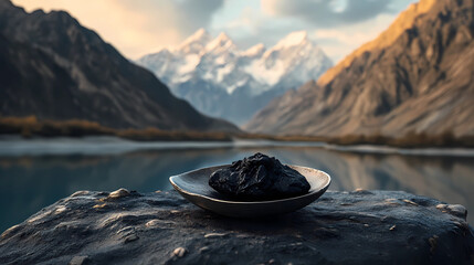Morning Glow: Shilajit on a Spoon with the Majestic Hunza Mountains