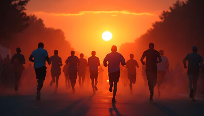 Marathon, black silhouettes of runners on the sunset