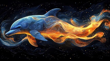 A stylized dolphin swims through a starry, abstract sky.