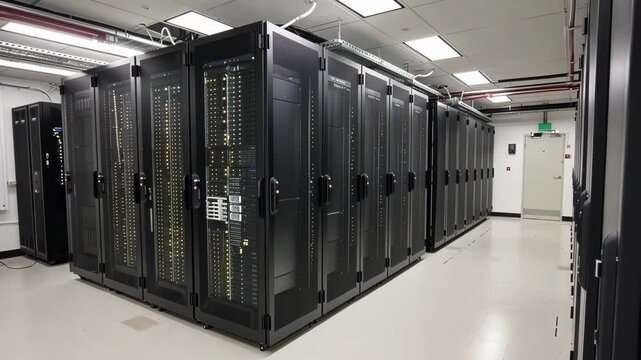 Multiple server racks containing network attached storage devices are shown in this image of a modern, clean data center