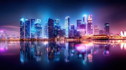 Fototapeta premium Beautiful night skyline with illuminated buildings and reflections on a river, capturing the energy of the city.