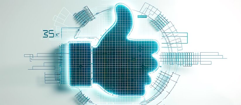 Emoji thumbs down icon with a futuristic, digital grid overlay on a white background, isolated and highlighted with subtle neon accents