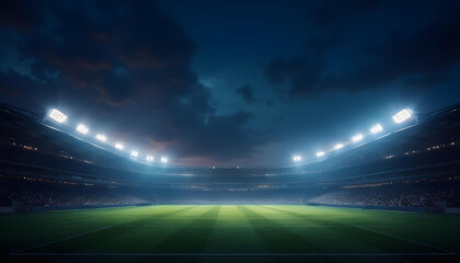 Stadium floodlights against a dark night sky background with copy space