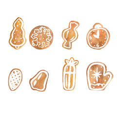 gingerbread Christmas tree gift candy mitten Christmas baking holiday cookies with icing set watercolor composition isolated on white background base for cards textile tableware