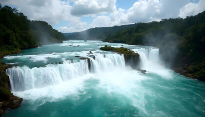 Fototapeta premium turquoise water, green forest on background. Beautiful landscape view. Active summer holidays.