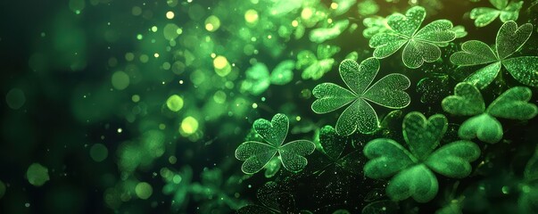 Glowing green shamrocks in a vibrant St. Patrick's Day theme with light bokeh effect creating a festive and magical atmosphere.