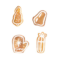 gingerbread Christmas tree gift candy mitten Christmas baking holiday cookies with icing set watercolor composition isolated on white background base for cards textile tableware