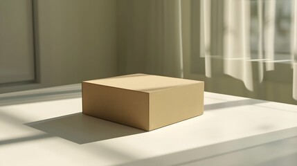 A simple brown cardboard box sitting on a table in soft natural light during the day