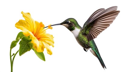 Fototapeta premium Sword-billed Hummingbird Flying and Sucking Nectar from Flower, on White Background, Photo Realistic, Wallpaper, Cover and Screen for Smartphone, PC, Laptop, 9:16 and 16:9 Format